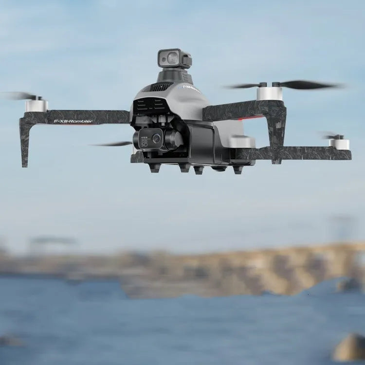White folding quadcopter drone with 4K camera and obstacle avoidance sensors on a 30-50cm frame.