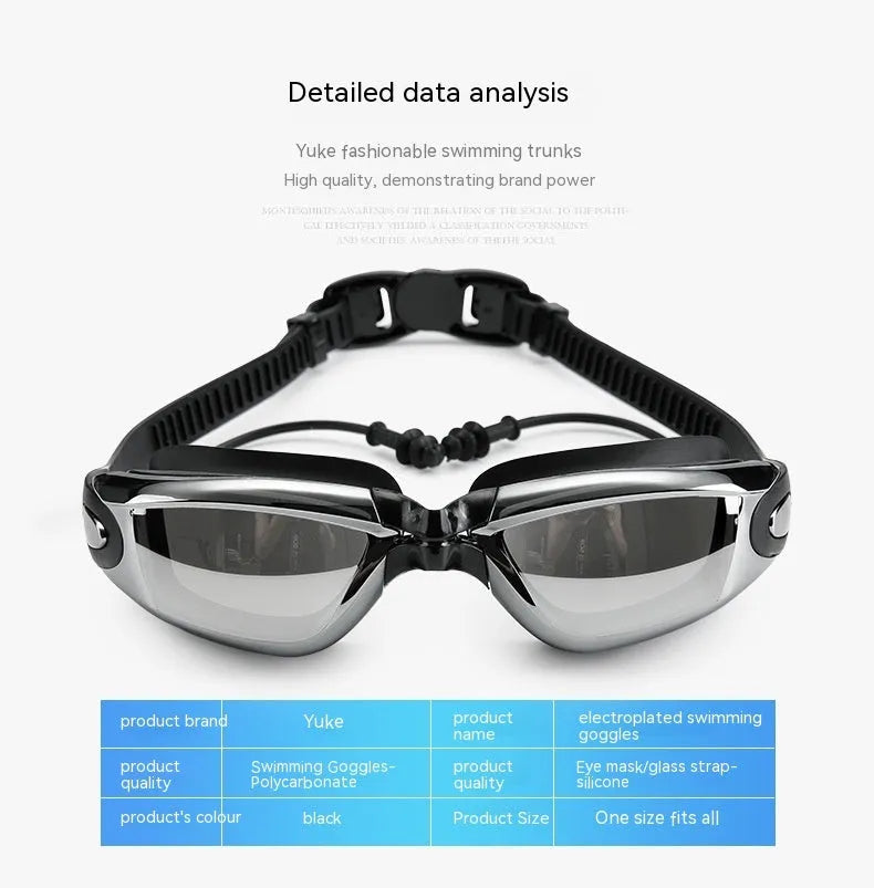 Men's black five-piece swimming set with trunks, anti-fog goggles, waterproof cap, ear plug nose clip, and storage bag