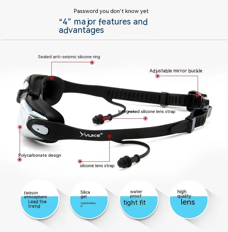 Men's black five-piece swimming set with trunks, anti-fog goggles, waterproof cap, ear plug nose clip, and storage bag