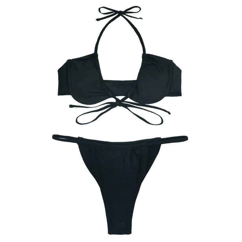 Women's black and mint green fashion split bikini swimsuit with nylon fabric