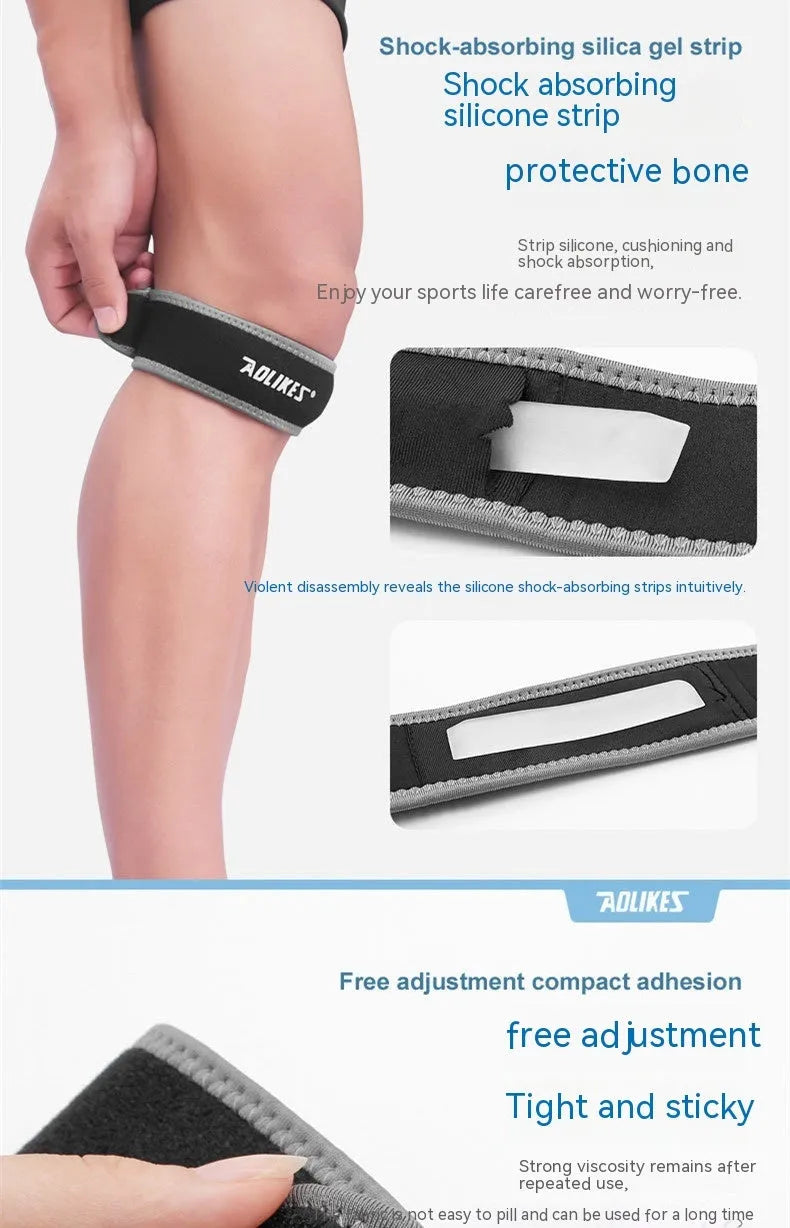 Black and grey edged patella retinaculum knee support for adult sports.