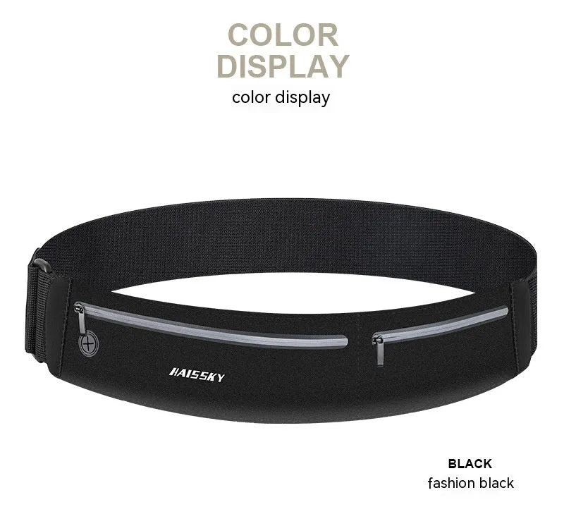 Unisex black waterproof waist bag with 8-inch compartment for outdoor sports.