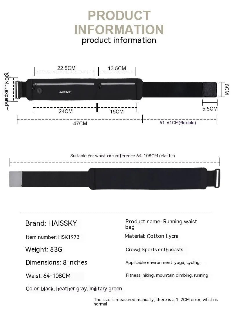 Unisex black waterproof waist bag with 8-inch compartment for outdoor sports.
