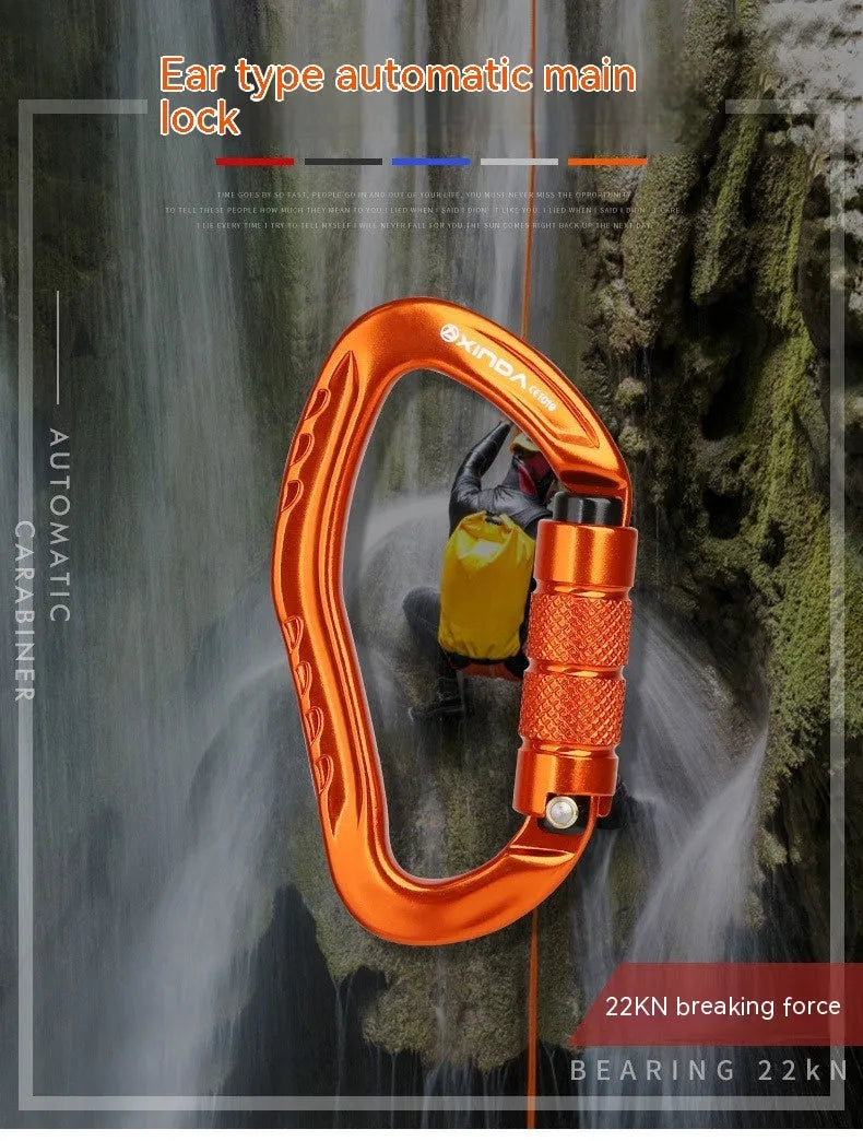 Climbing carabiner with automatic master lock in black, blue, orange, red, or silver colours for rock climbing equipment