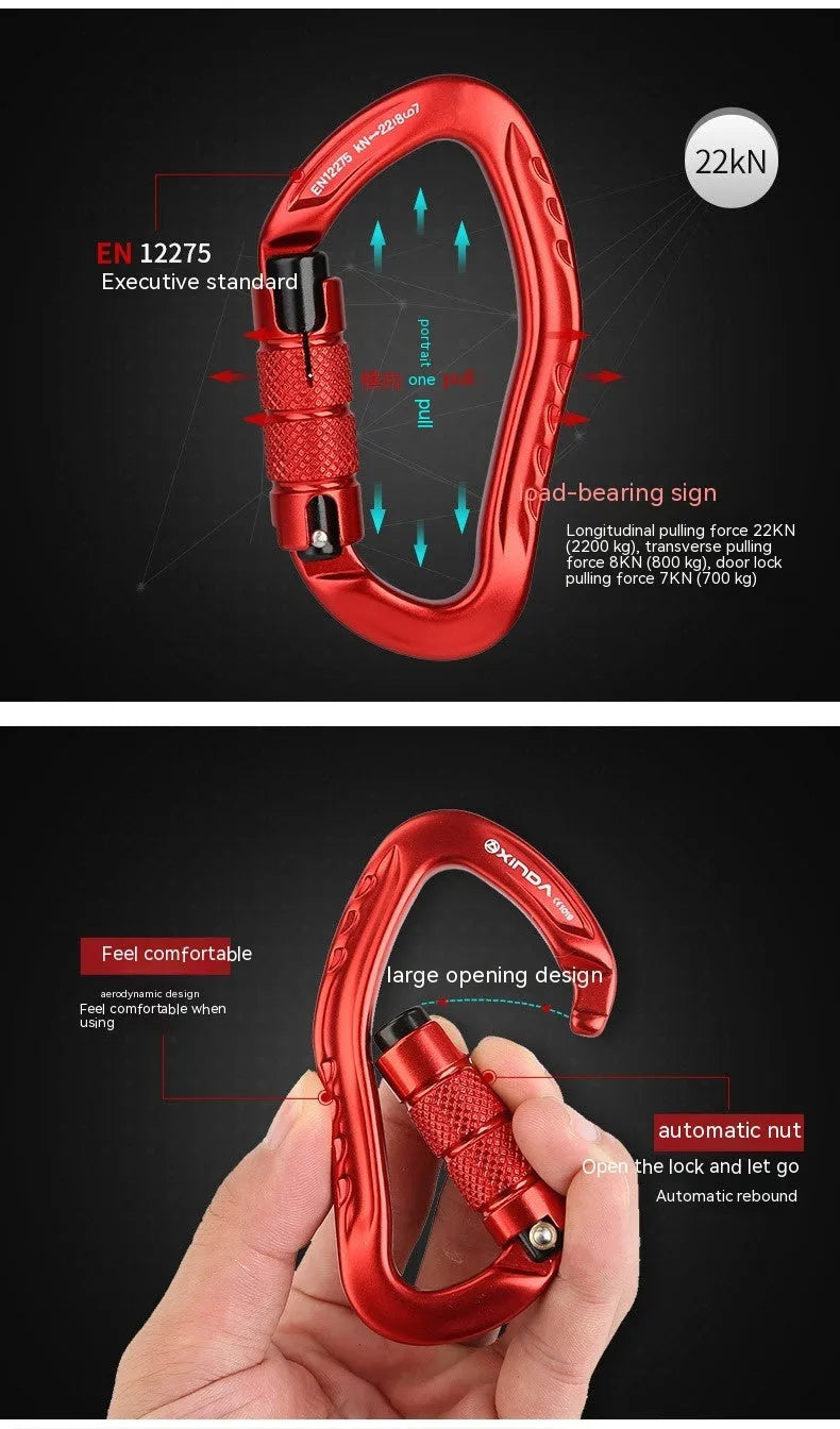 Climbing carabiner with automatic master lock in black, blue, orange, red, or silver colours for rock climbing equipment
