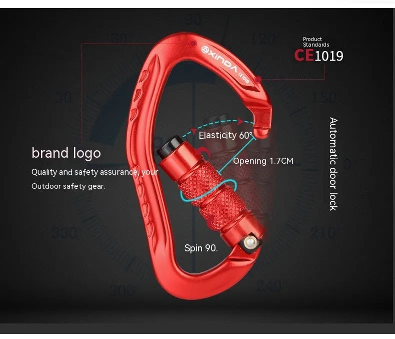 Climbing carabiner with automatic master lock in black, blue, orange, red, or silver colours for rock climbing equipment