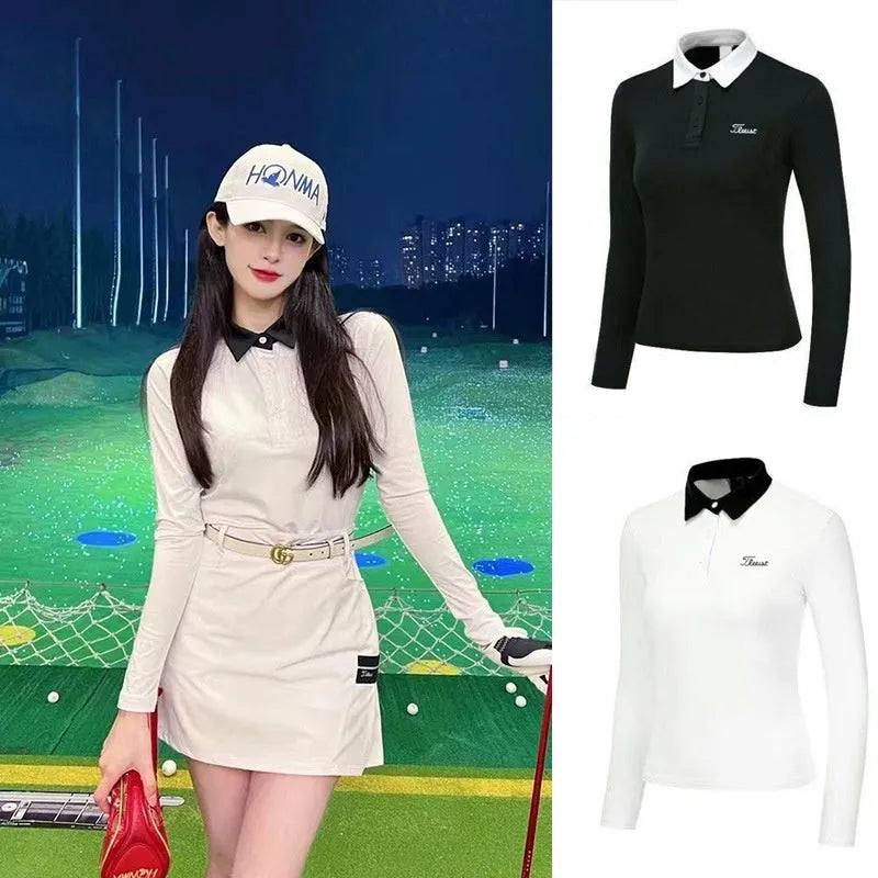 Women's white long sleeve golf top in slim-fit polyester sportswear