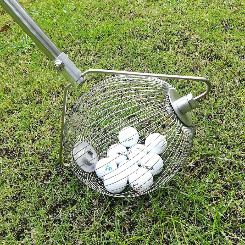 Metallic coloured golf ball picker made from stainless steel on a green