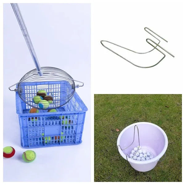 Metallic coloured golf ball picker made from stainless steel on a green