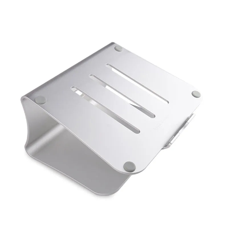 Aluminium alloy laptop cooling bracket with rotary hinge in grey and silver stripe options.