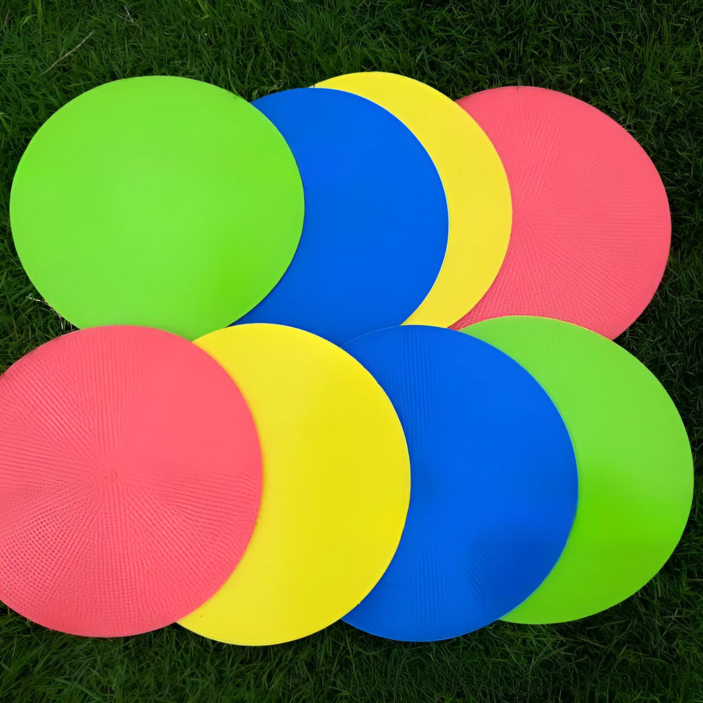 Football training target pad disc measuring 23cm in diameter with 3mm thickness in bright colour options