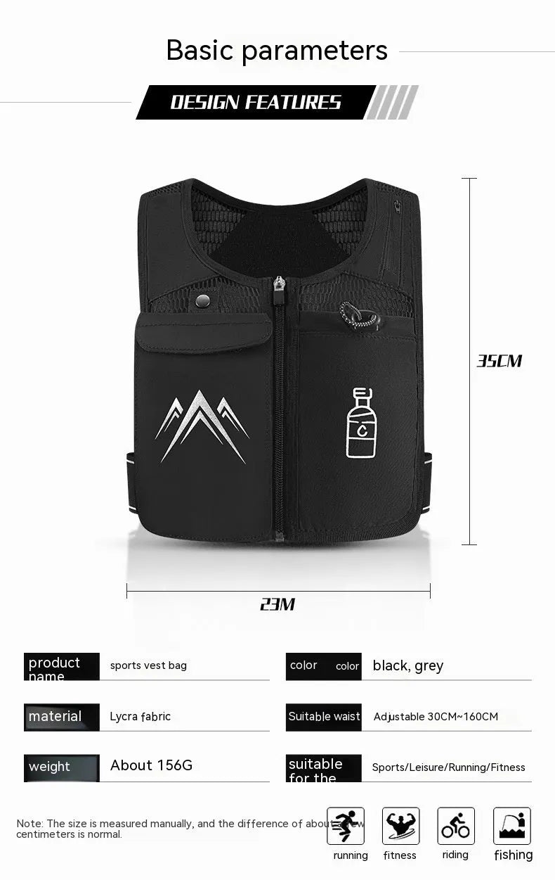 Unisex breathable mesh running vest with integrated phone pocket, shown in classic black and moonlight grey colours.