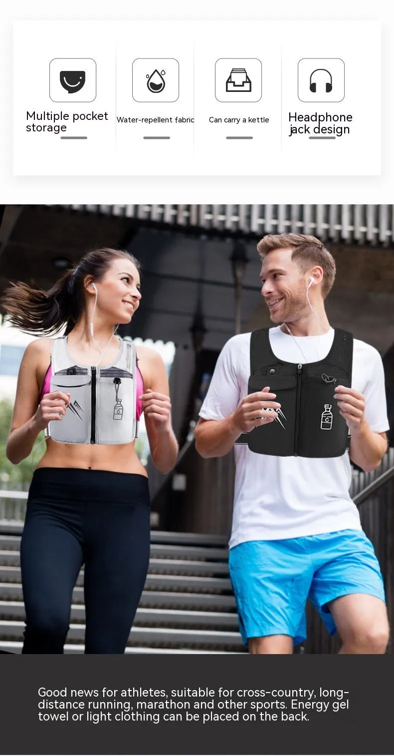 Unisex breathable mesh running vest with integrated phone pocket, shown in classic black and moonlight grey colours.