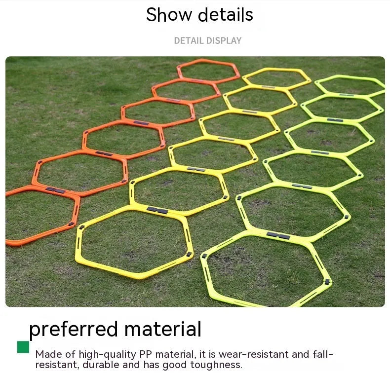 Six foldable hexagon football agility training rings in yellow, green, and orange colours