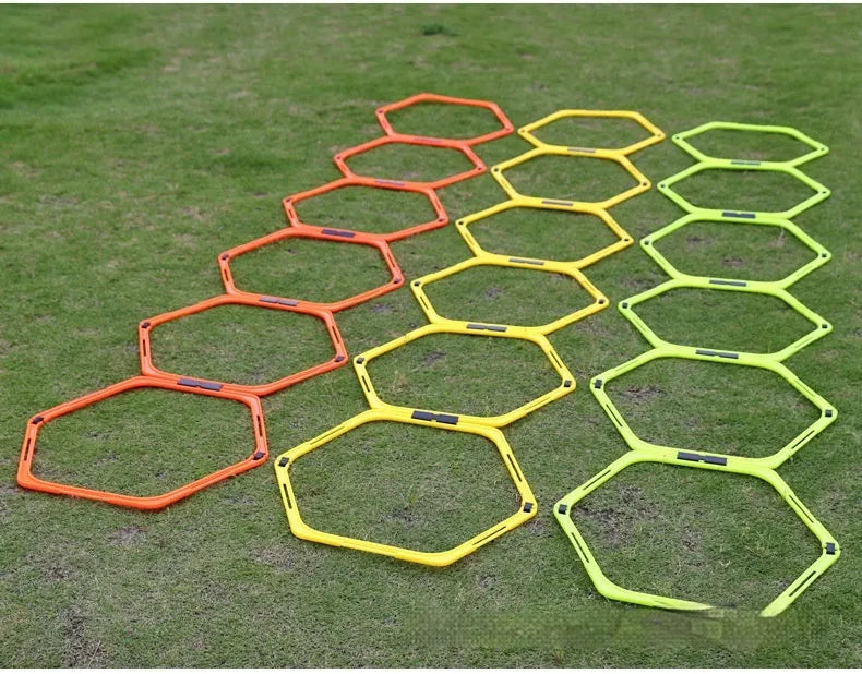Six foldable hexagon football agility training rings in yellow, green, and orange colours