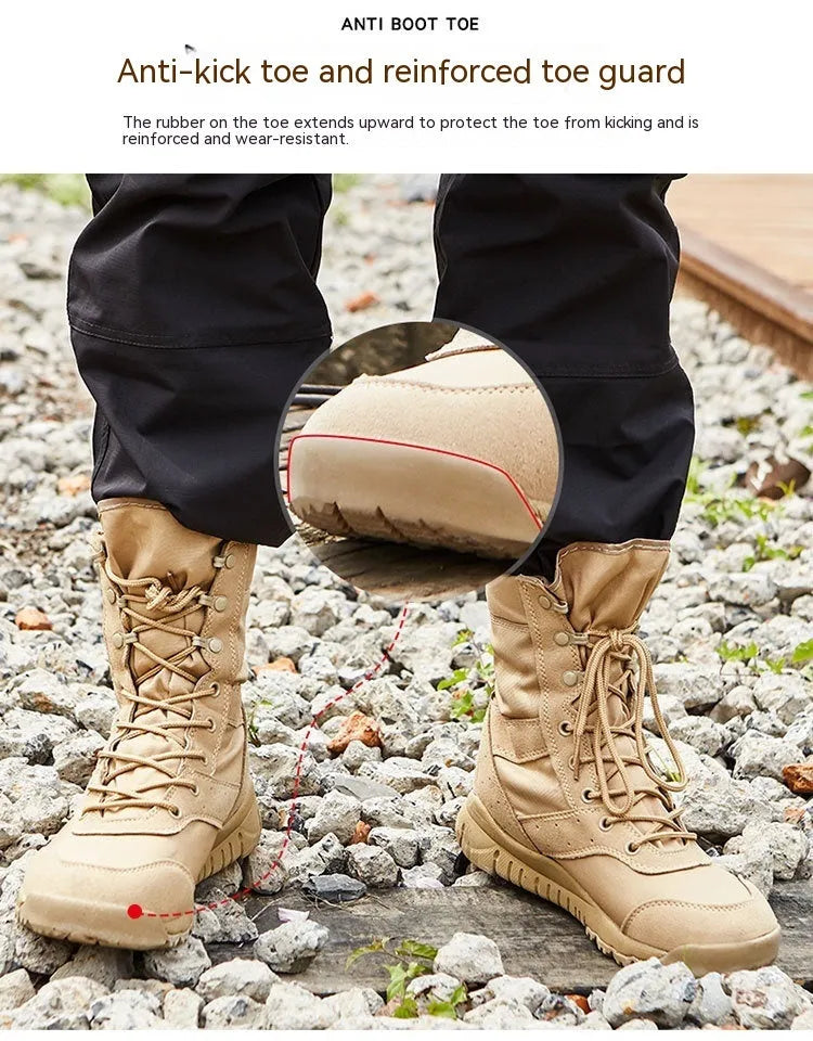 Black and sand coloured Yulong tactical combat boots for outdoor hiking and sports.