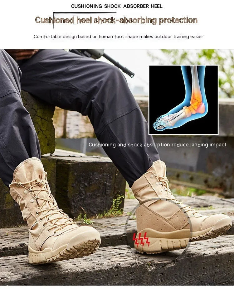Black and sand coloured Yulong tactical combat boots for outdoor hiking and sports.