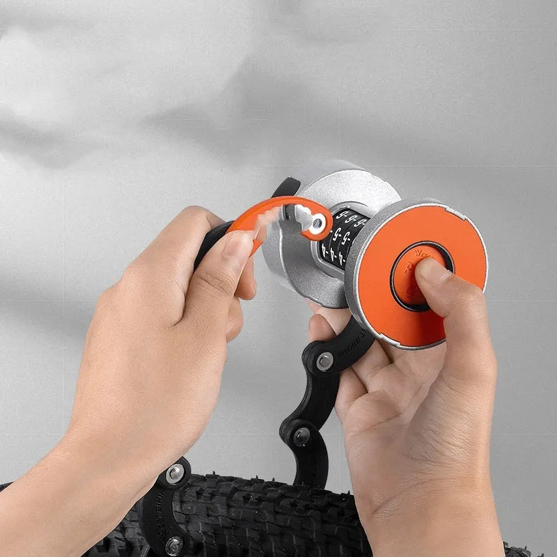 Portable bicycle folding lock in black or black orange with multiple material construction