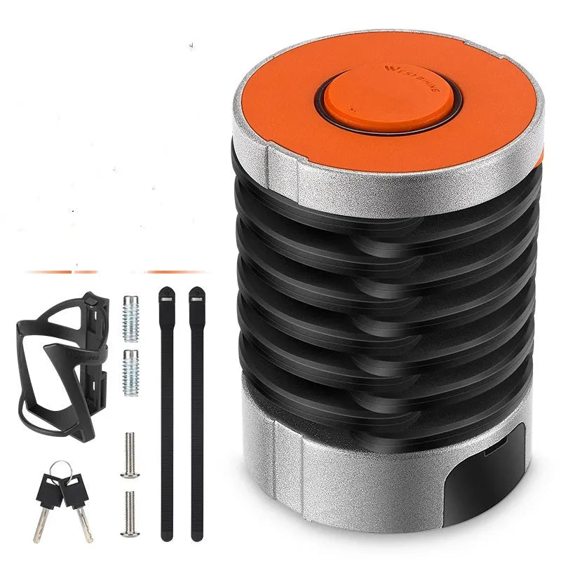 Portable bicycle folding lock in black or black orange with multiple material construction