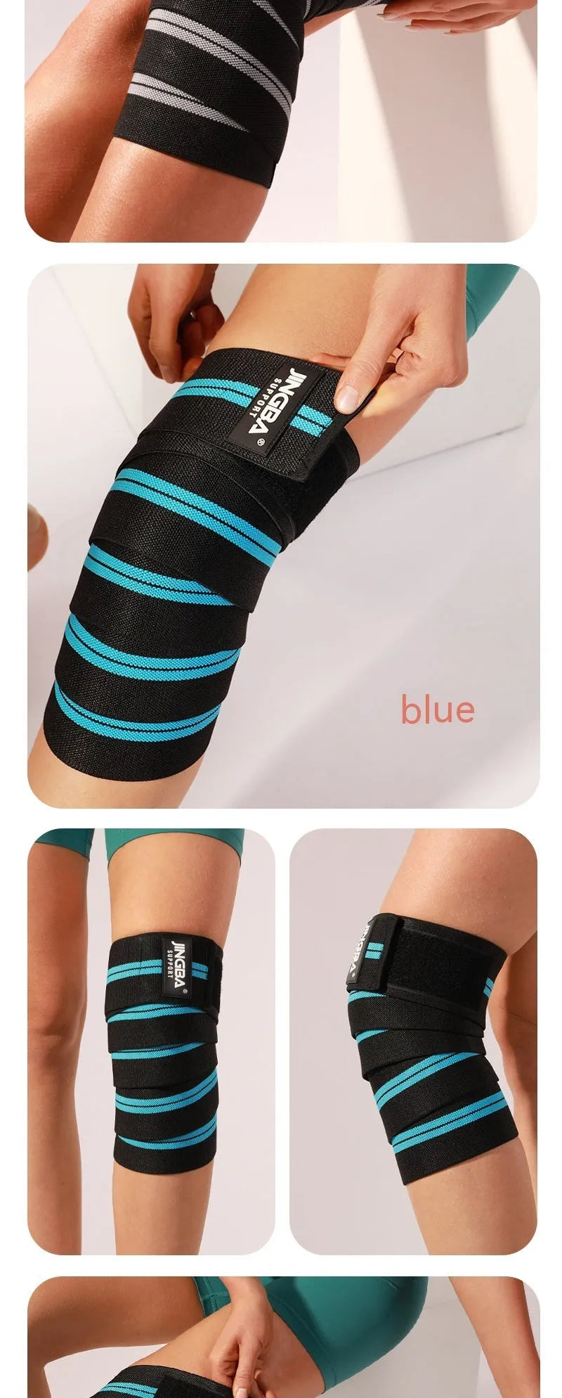 Adult adjustable sports knee pads for weightlifting and cycling in blue, grey, red or yellow colours.