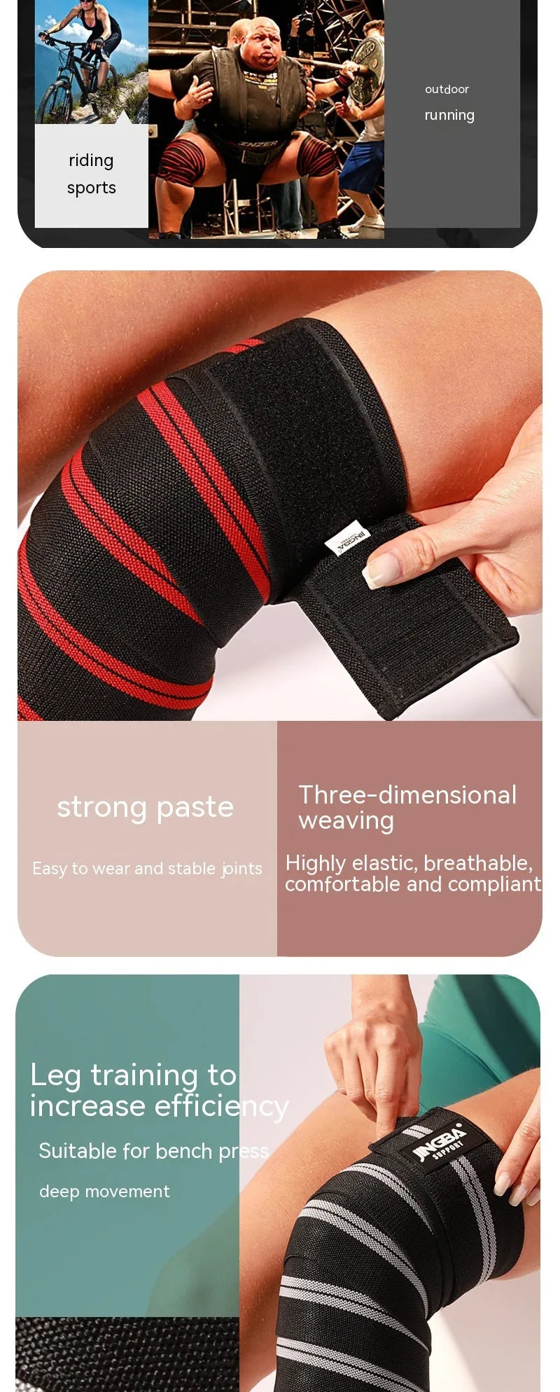 Adult adjustable sports knee pads for weightlifting and cycling in blue, grey, red or yellow colours.