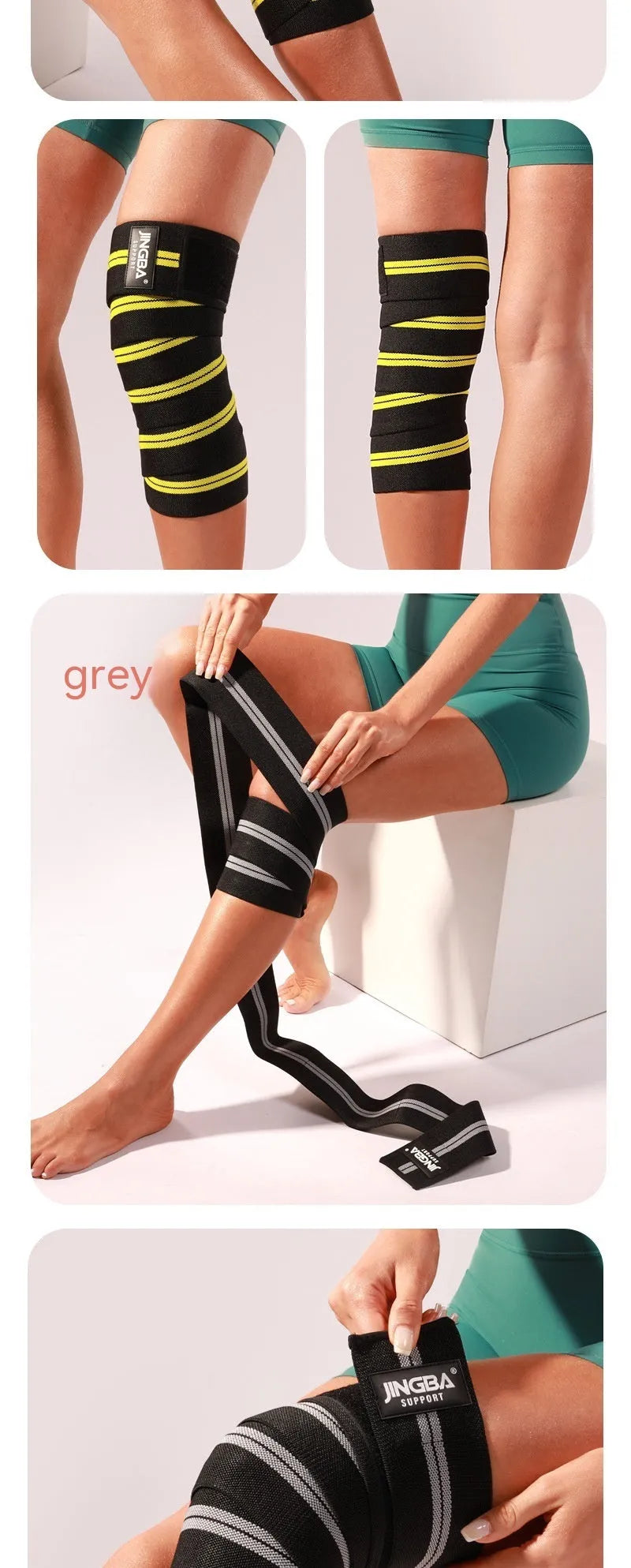 Adult adjustable sports knee pads for weightlifting and cycling in blue, grey, red or yellow colours.