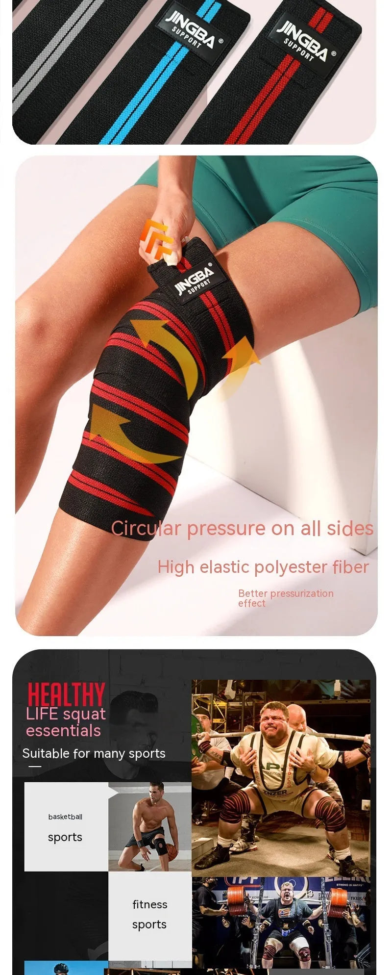 Adult adjustable sports knee pads for weightlifting and cycling in blue, grey, red or yellow colours.