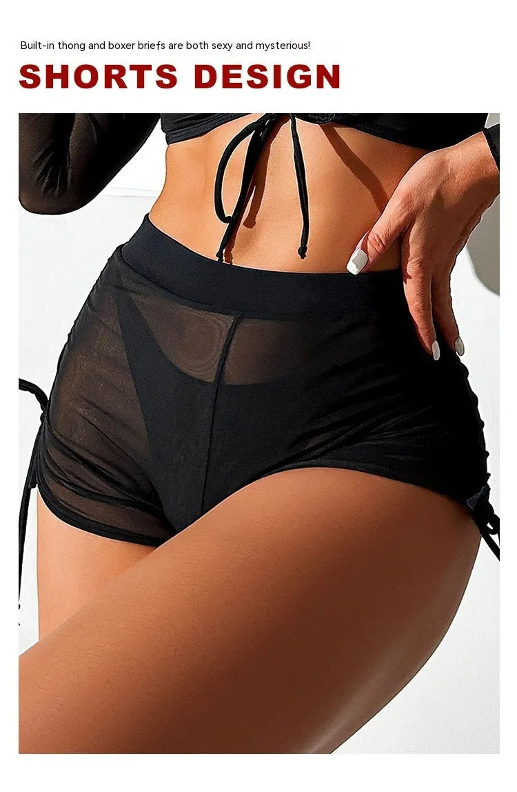 Black mesh four-piece bikini set with long sleeves for women's swimming and sports