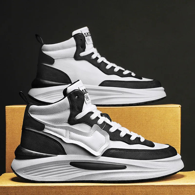 Men's black and white high-top platform casual shoes with a round toe and PU upper.