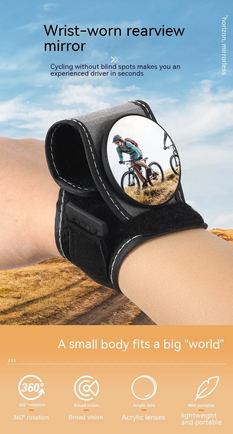 Black nylon wrist-mounted bicycle rear-view mirror with adjustable strap