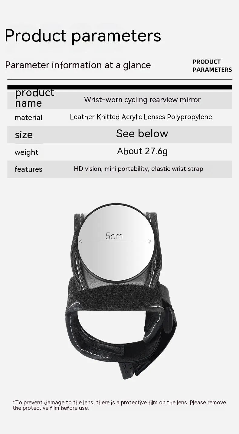 Black nylon wrist-mounted bicycle rear-view mirror with adjustable strap