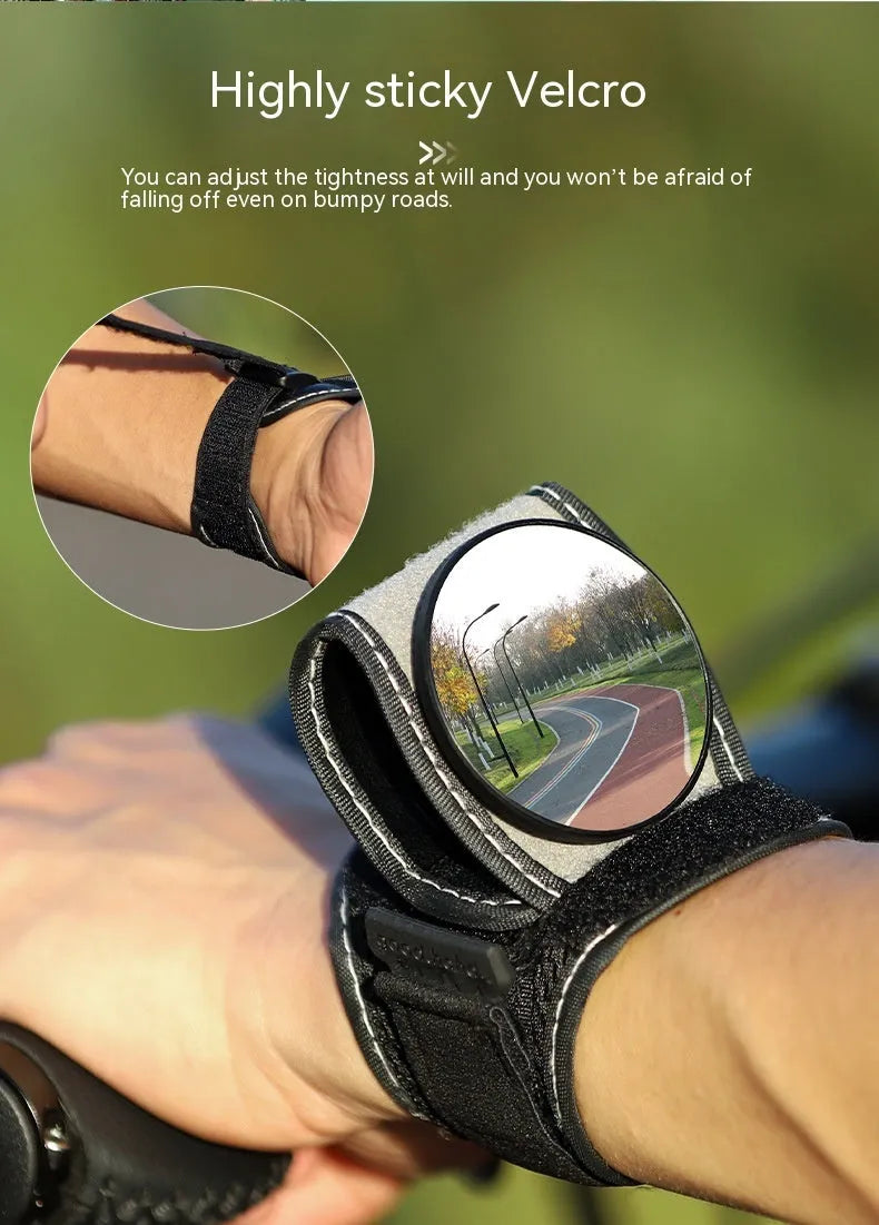 Black nylon wrist-mounted bicycle rear-view mirror with adjustable strap