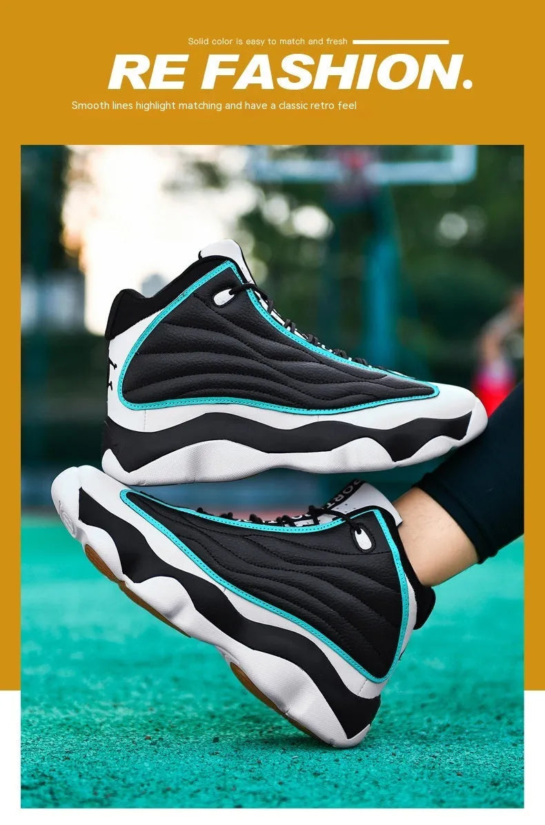 Men's high-top basketball shoes with mesh upper and rubber sole in AJ13 colour options
