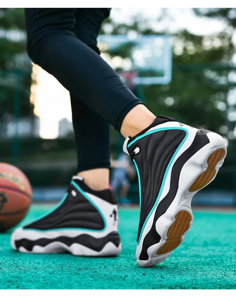 Men's high-top basketball shoes with mesh upper and rubber sole in AJ13 colour options