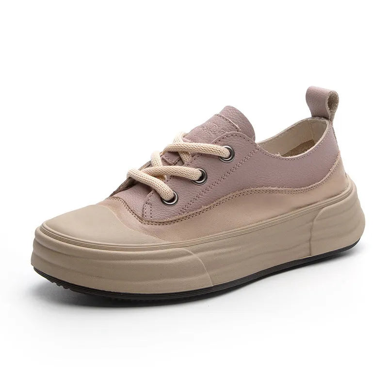 Women's leather low-top platform sneakers in matcha green, purple, and orange colours with front lace-up.
