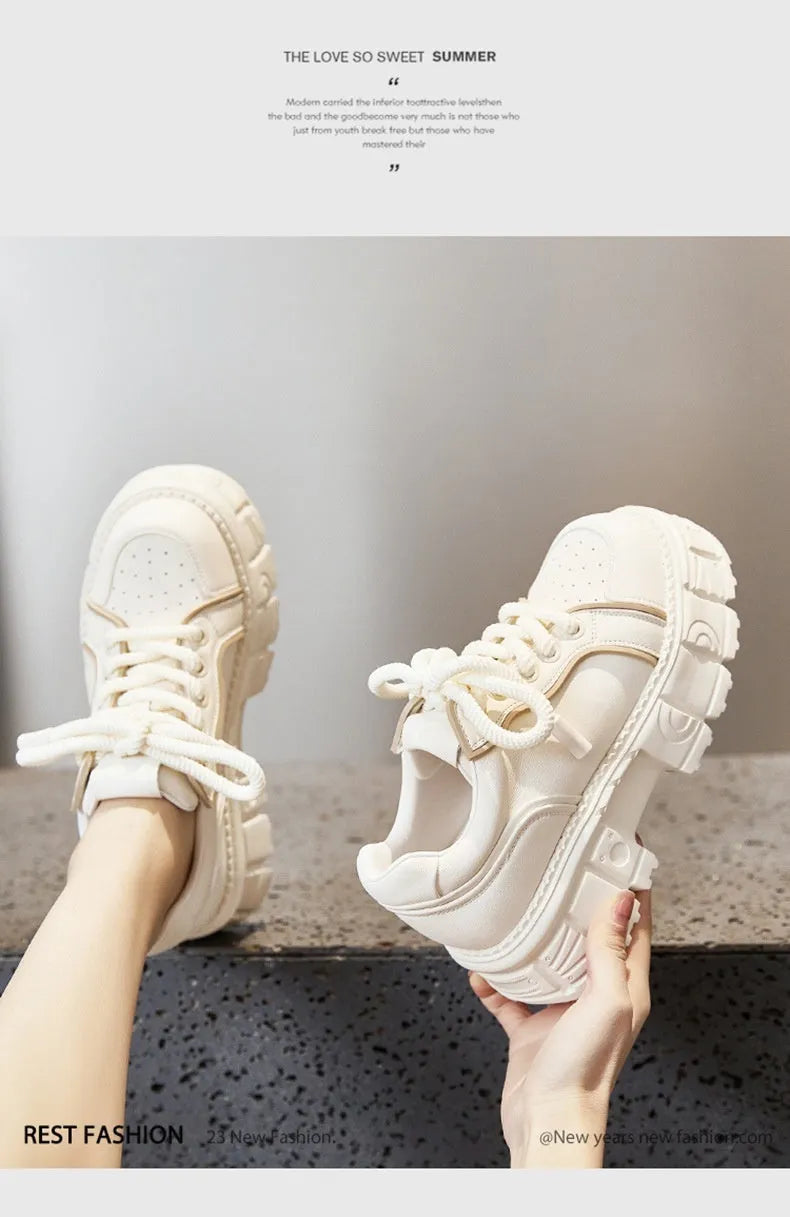 Women's beige muffin bottom leather shoes with height increasing sole and rubber foam construction