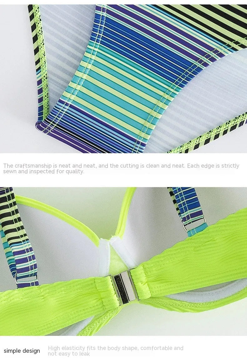 Green printed women's halter bikini set with split briefs on white background