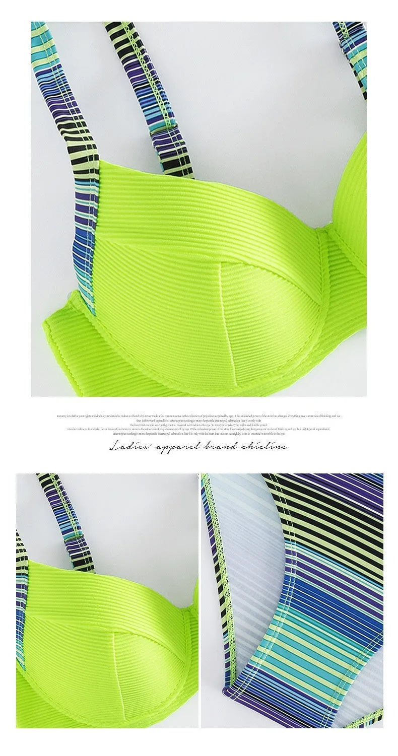 Green printed women's halter bikini set with split briefs on white background