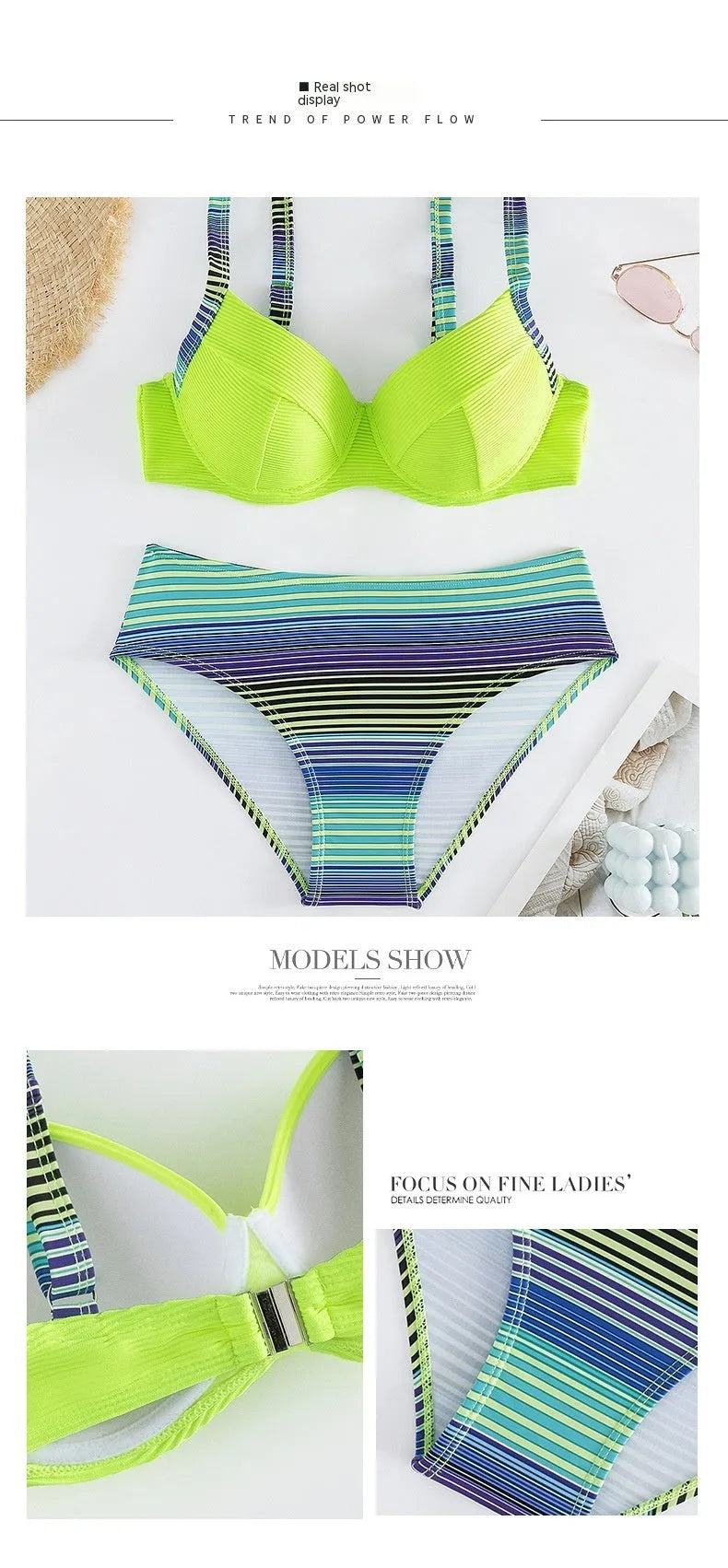 Green printed women's halter bikini set with split briefs on white background