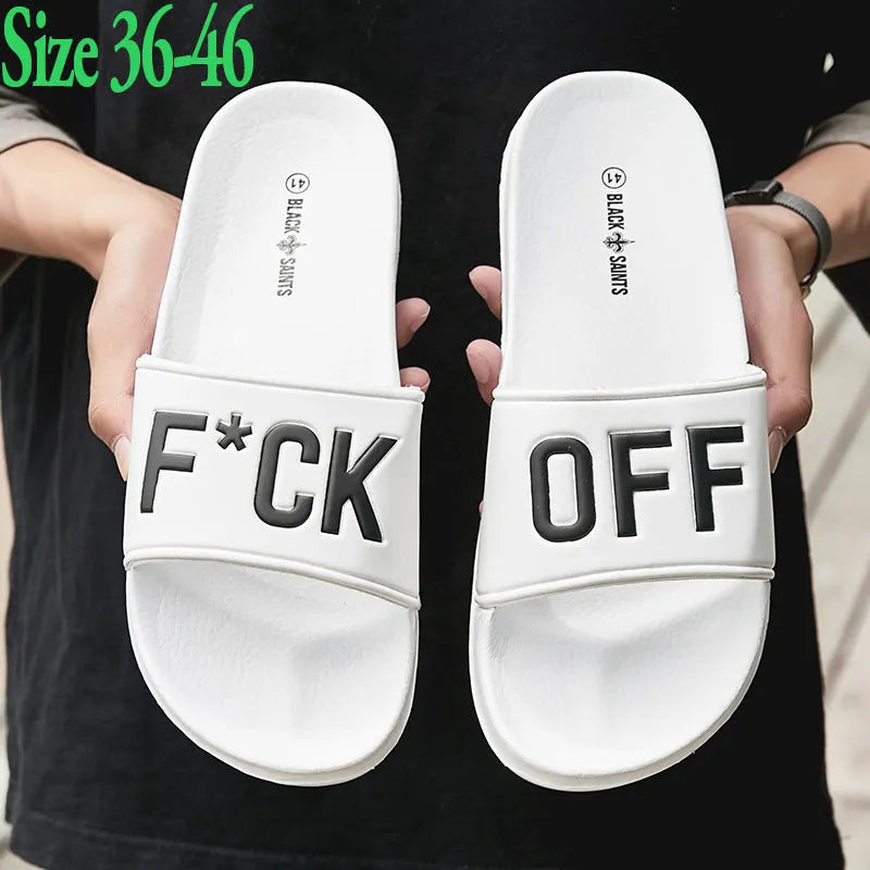 Large size black personalised men's slippers with open toe and rubber sole.