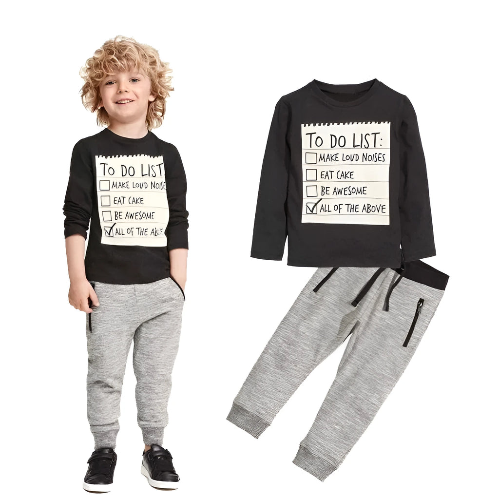 Boys cotton clothing set with long sleeve t-shirt and pants featuring letter pattern