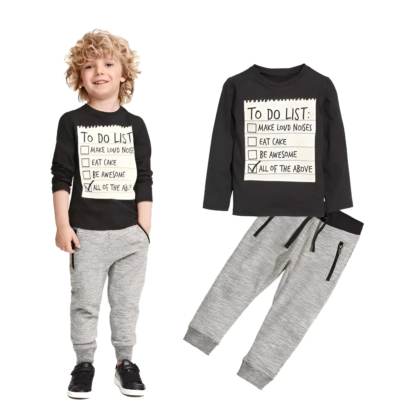 Boys cotton clothing set with long sleeve t-shirt and pants featuring letter pattern