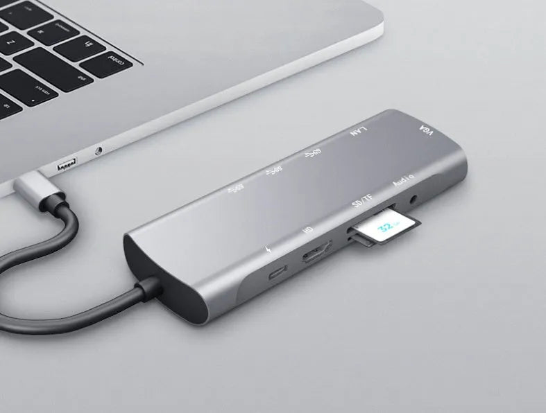 Grey USB-C docking station with HDMI, VGA, USB 3.0 ports and 14cm cable