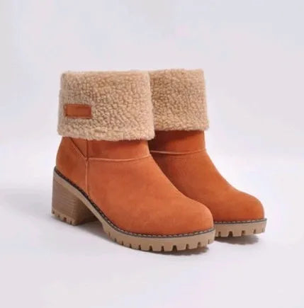 Women's mid-calf suede snow boots in grey with a thick heel and waterproof platform sole.