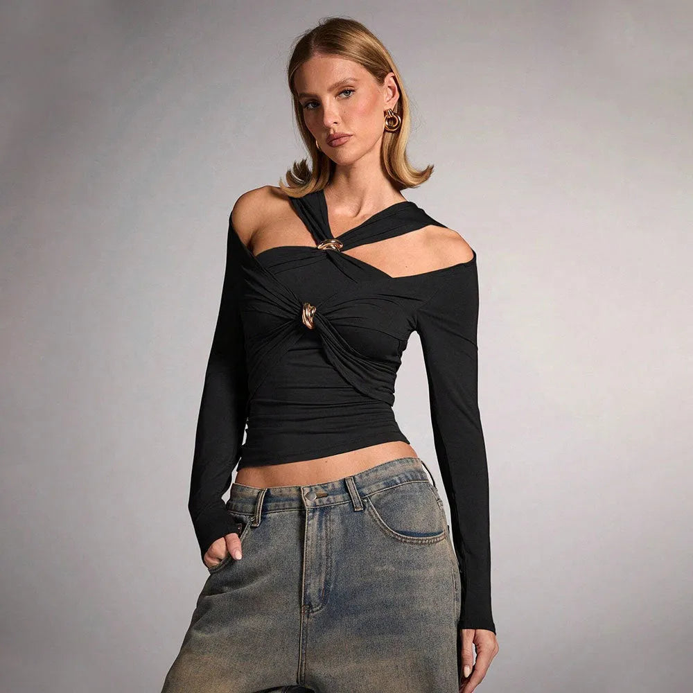 Black women's halter neck slim fit top with long sleeves on a mannequin.