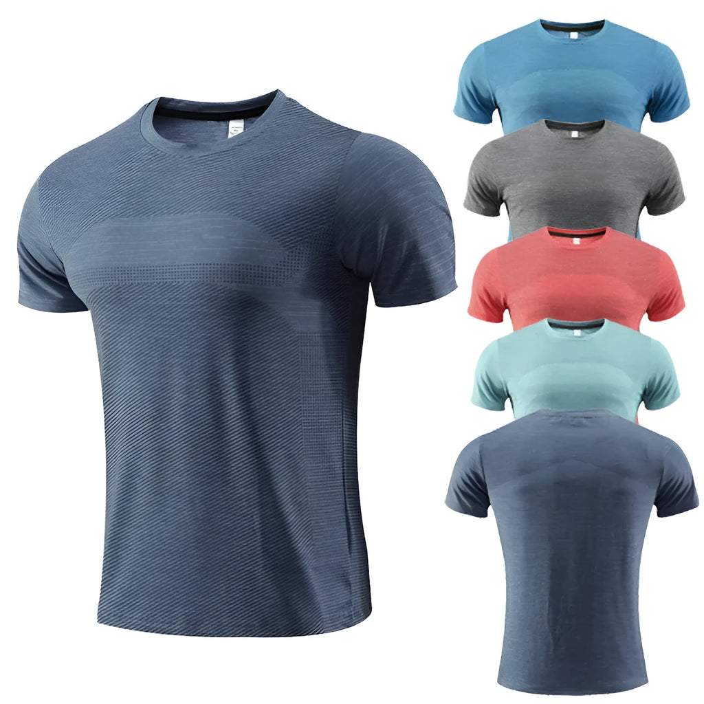 Men's short sleeve athletic t-shirt in polyester spandex for running and basketball