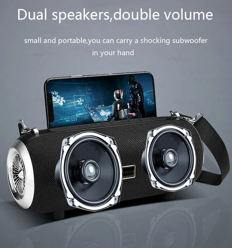 F666 mini Bluetooth speaker in square fabric design with shoulder strap and mobile phone stand