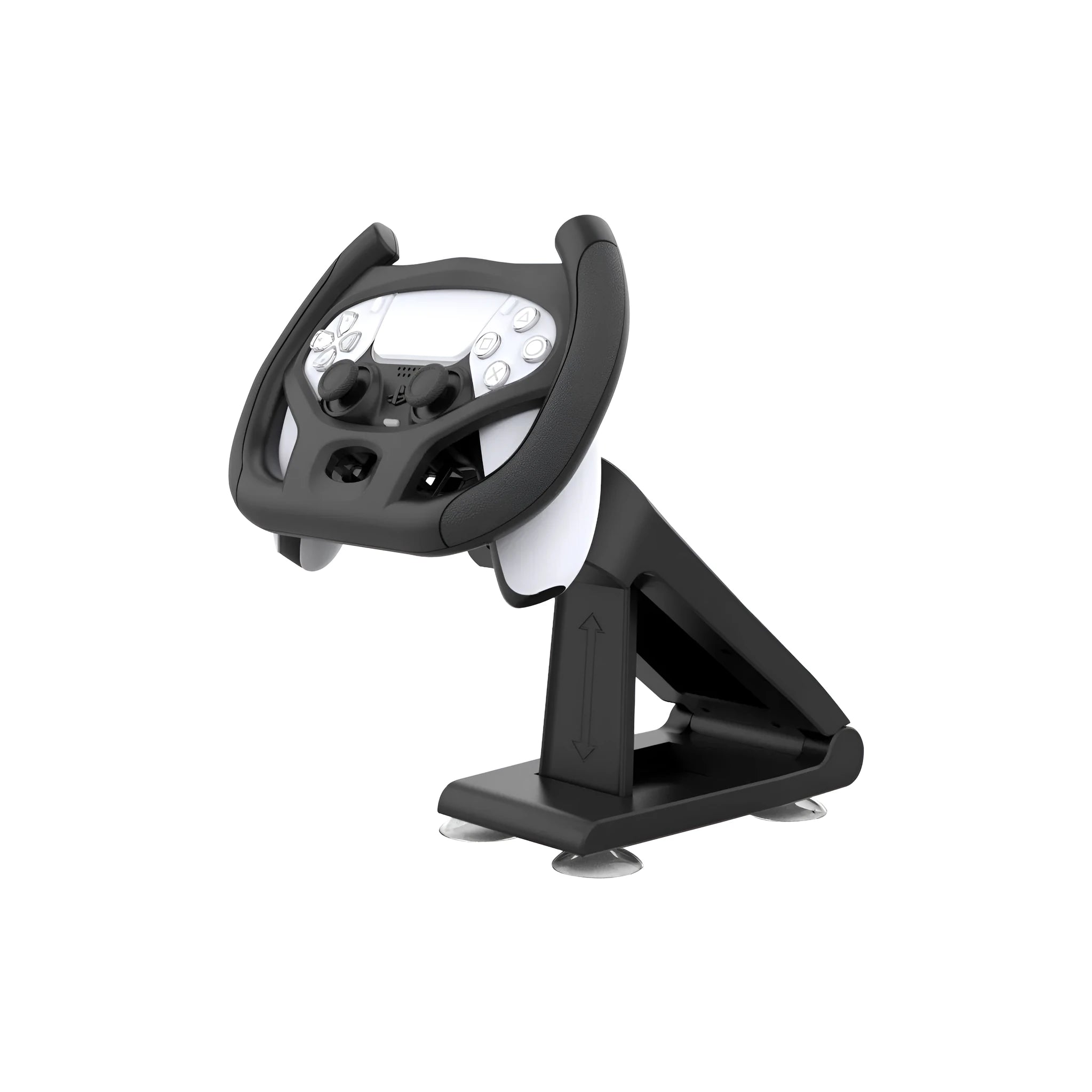Black ABS plastic gamepad steering wheel bracket with suction cup and universal phone holder.