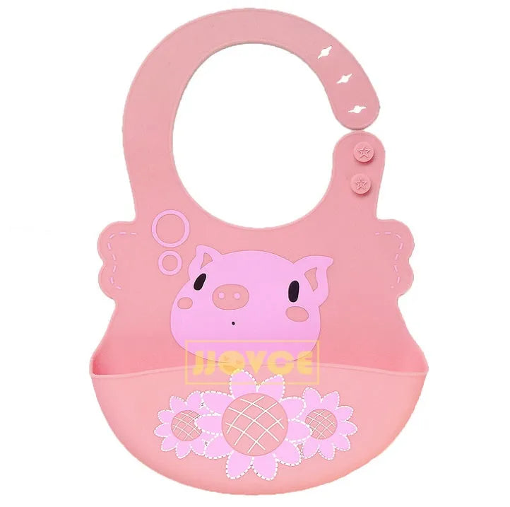 Waterproof silicone baby feeding bib with deep pocket in multiple colours, 28x21cm, on a white background
