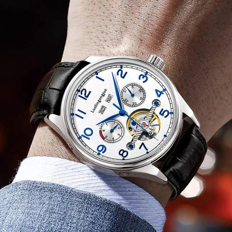 Business hollow men's mechanical watch with stainless steel case and leather strap